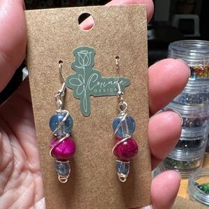 Pink and Blue(clear) Beaded Earrings